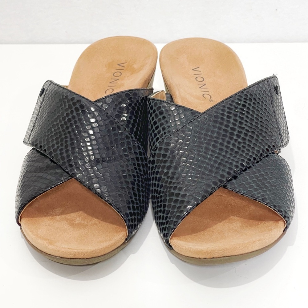 Vionic Paradise Leticia Wedge Slide Sandal Size 9 Adjustable Straps Black Cork - Picture 9 of 9